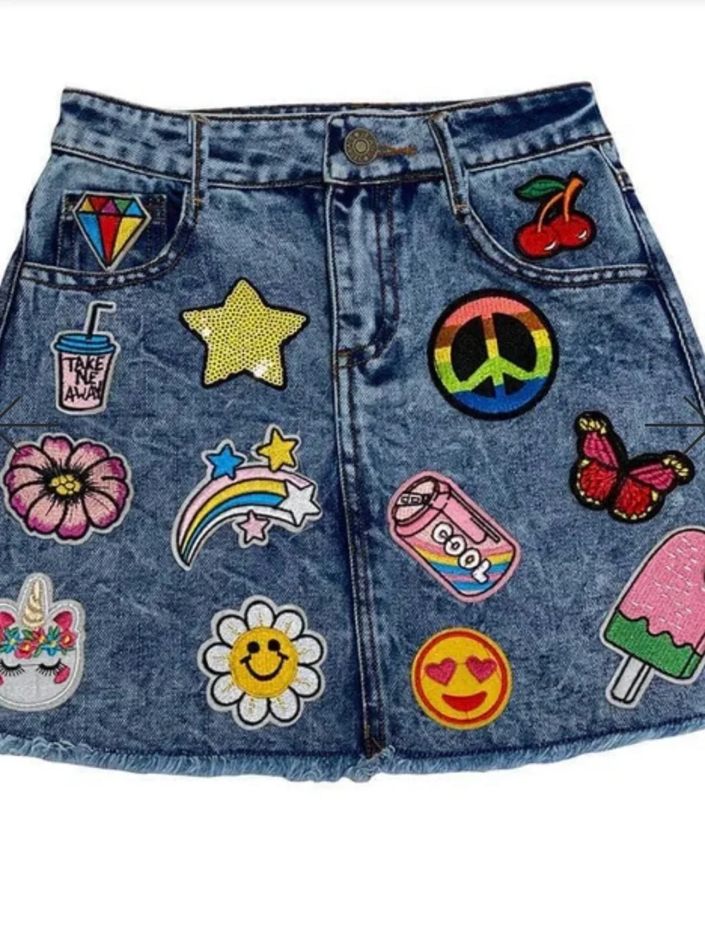 Lola + The Boys Denim A-Line Skirt with Colorful Patchwork - Picture 2 of 5